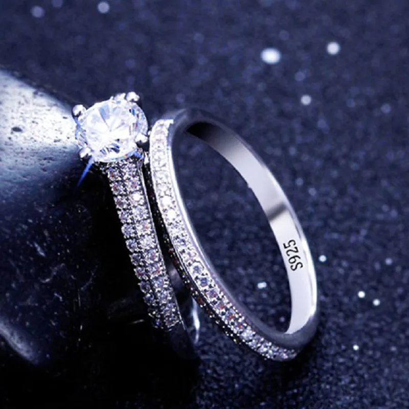 1 pair Vintage Halo 925 Sterling Silver Wedding Ring Set