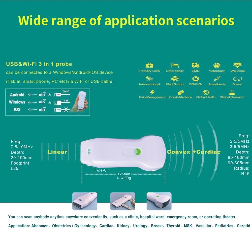 Wireless Ultrasound Scanner Dual Head Convex + Linear + Cardiac Preset 3 in 1 Probe C10RL