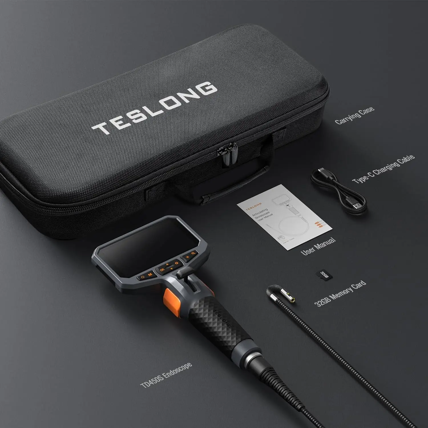 TESLONG TD450S 8.5MM Dual Lens Articulating Borescope 1080P 5 Inch IPS Two Way 360&deg; Steering Endoscope Camera 1.55m Snake Tube Inspection Camera Mini Endoscope Camera