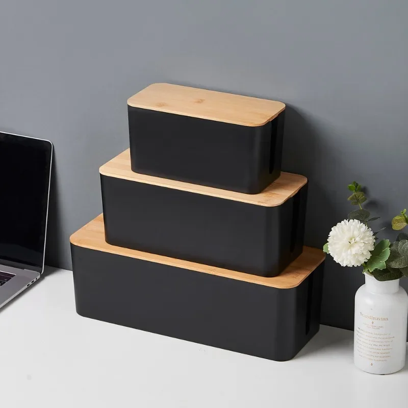Creative Cable Management Box with Bamboo Wood Cover Plug Board Storage Box Power Cord Charger Storage Wire Storage 3