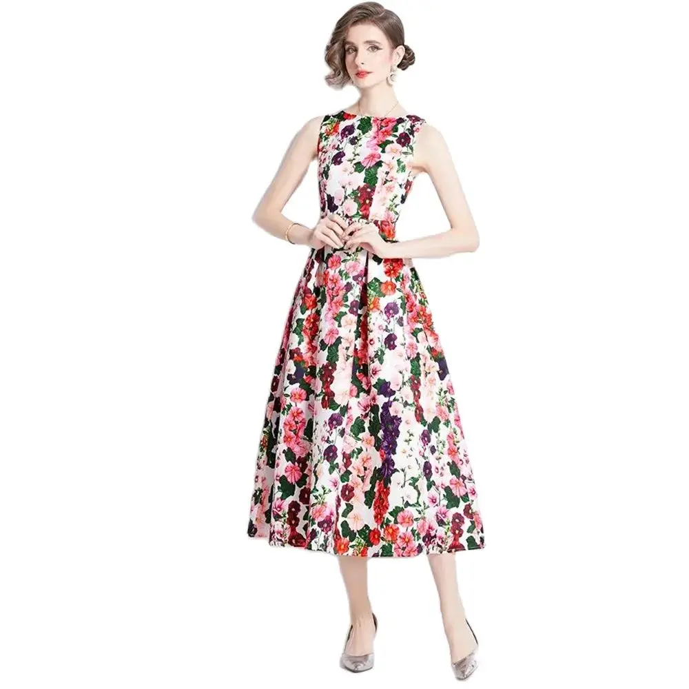 

Summer 2024 New Vestidos Sweet Style Y2K Long Dresse For Women Sleeveless Color Print High Waist Dresses