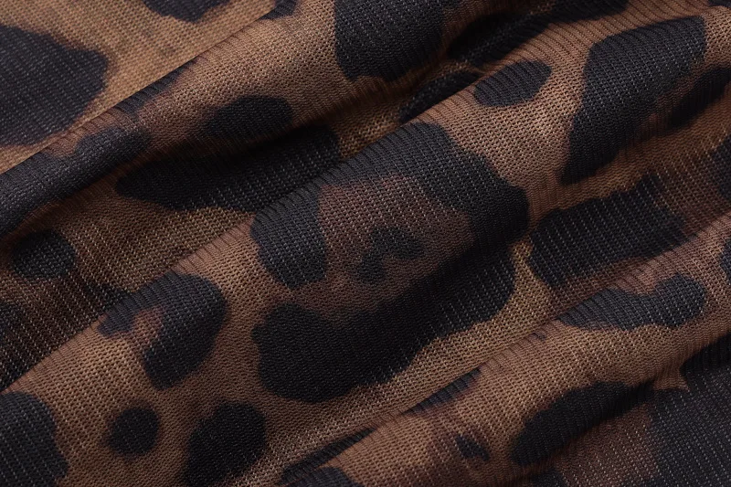 Camiseta sexy de malla transparente para mujer, de verano, con estampado de leopardo, escote en V profundo, ajustada, de manga larga acampanada, para fiesta y club nocturno.