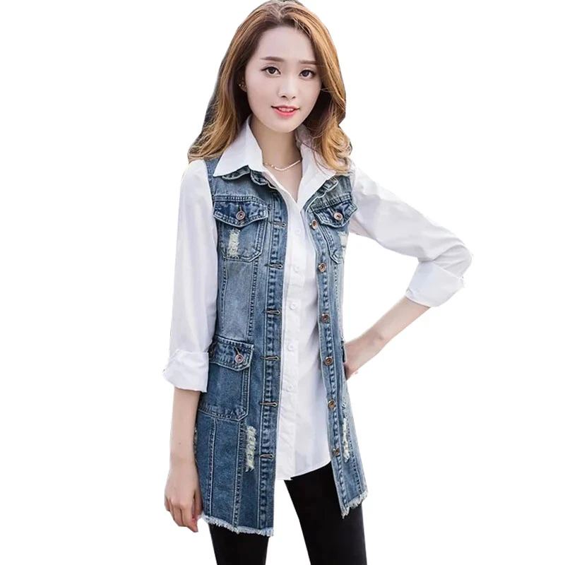 2022 New Denim Vest Women Spring Autumn Sleeveless Mid-Length Jean Cardigan Coat Female Jeans Waistcoat Casual Outerwear Tops long down coat womens