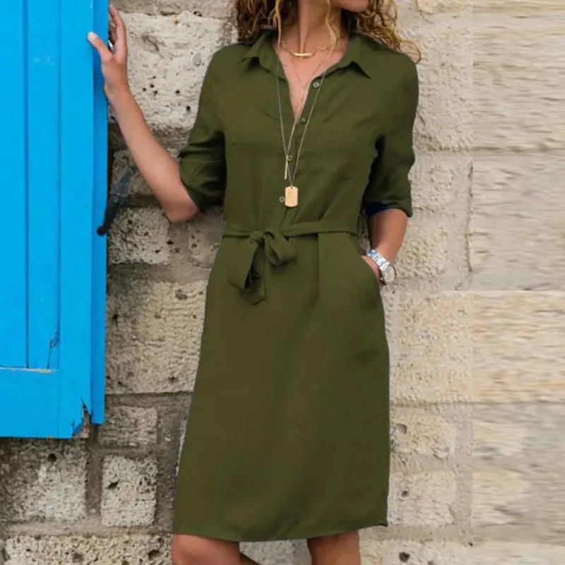 

Jocoo Jolee Shirt Dress Women Turn-down Collar Sashes Knee-length Dress Casual Psrty Dress Oversized Loose Vestidos Robe FREQ