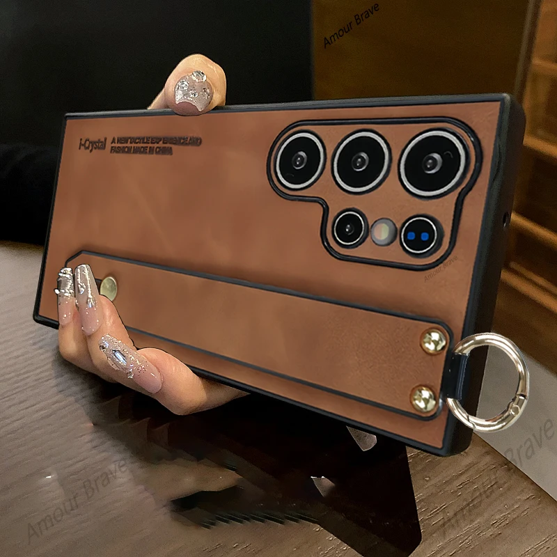 Luxury Sheepskin Leather Wrist Strap Phone Case with Lens Protection