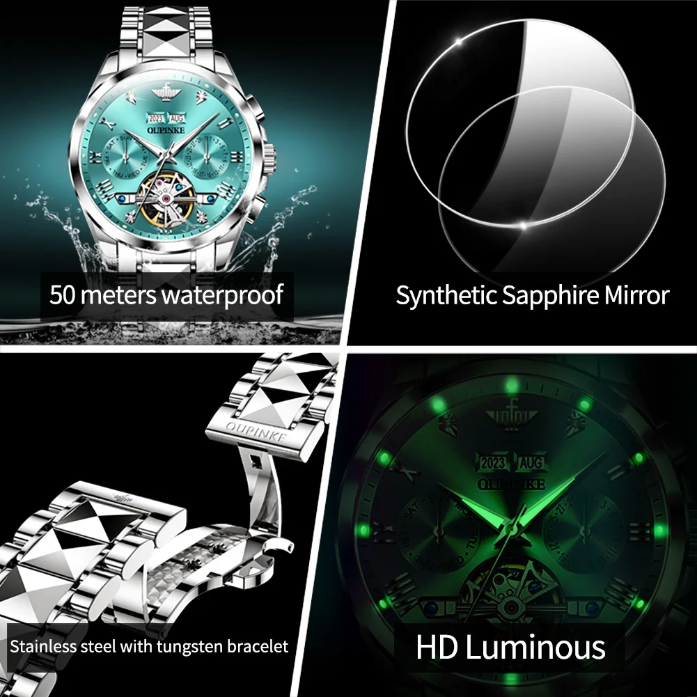 OUPINKE Business Tourbillon Mechanical Watch for Men Luxury Steel Waterproof Luminous Date Automatic Watches Reloj Hombre