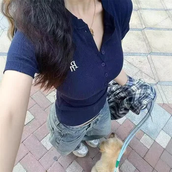 Summer Korean Women V-neck Short-sleeve T-shirt Slim Elastic Skinny Crop Tops 2025 Spring New Short Sleeve TShirt Casual Tees 1