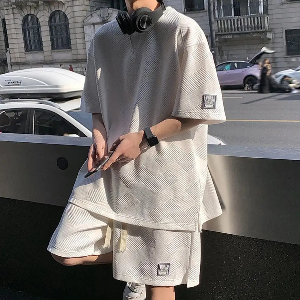 

Летний костюм унисекс, мужская повседневная футболка с коротким рукавом и вафельным принтом, Корейская уличная одежда, повседневный костюм из двух предметов, уличная одежда