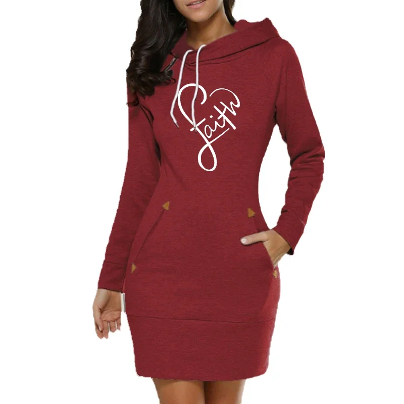 

Spring Autumn Women Hoodies Dress Sweatshirt Pullover Dress Loving Letter Printed Cotton Long Sleeve Slim Pocket Hoodies Dress