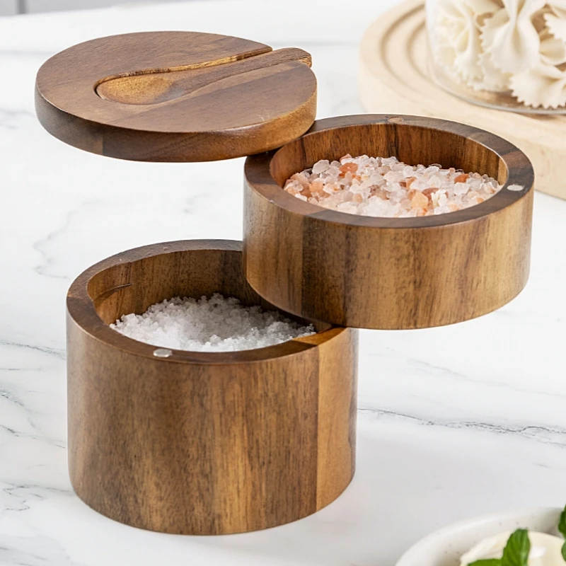 Wooden Salt Cellar with Spoon Kitchen Salt Box Pepper Jar with Swivel Closure Lid Round Container To Condiment Spice Container, salt pepper shakers