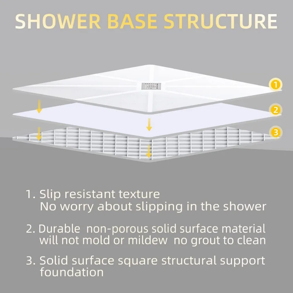 Center Drain Shower Base 36" L X 36" W X 4" H, with Brushed Nickel Cover, Single Threshold Anti-slip Acrylic Shower Base