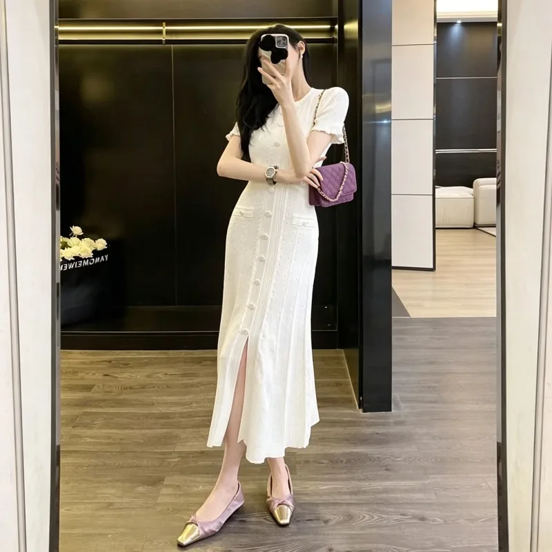 French Elegant Knit Hollow Out Threaded Single Breasted Slim Fit Long Dress Vintage Cable Button Ruffled Short Sleeve Dresses French Elegant Knit Hollow Out Threaded Single Breasted Slim Fit Long Dress Vintage Cable Button Ruffled Short Sleeve Dresses