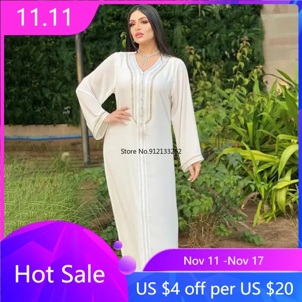 

White Kaftan Luxury Dubai Abaya Turkey Muslim Dress Islam Abayas Dresses for Women Robe Djellaba Caftan Ensemble Femme Musulmane