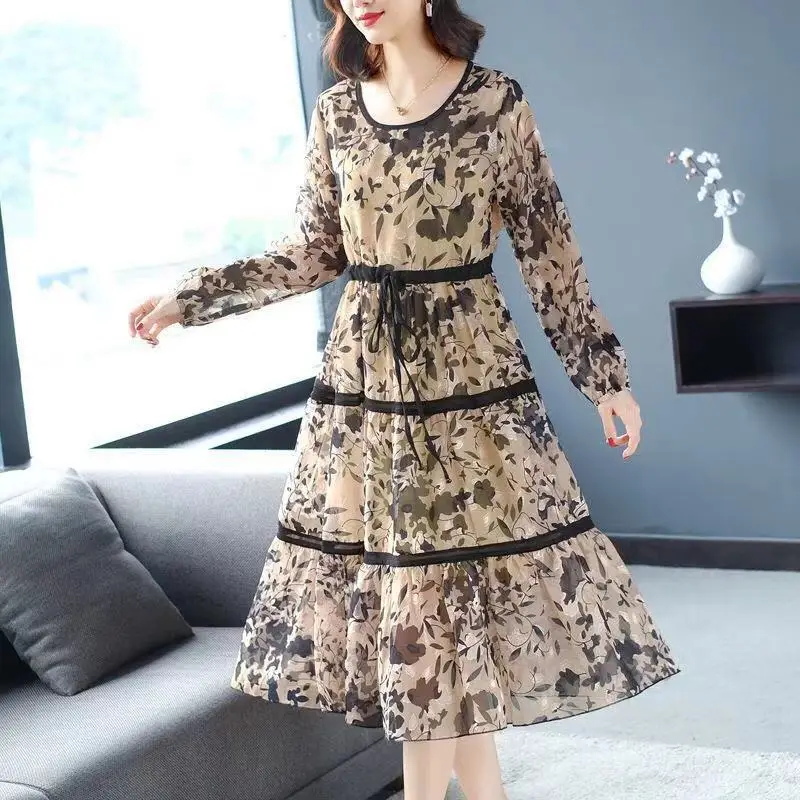 Elegant Vintage Ladies Printed Dresses Long Sleeve Spring Autumn Loose Fashion Lace Up Spliced Midi Party Dress Women\'s Clothing