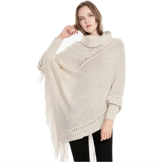 

Pull Femme Autumn Winter New Women's Acrylic Tassel Sweater High Neck Warm Sleeve Pullover Cloak Tassels Shawl Outside White
