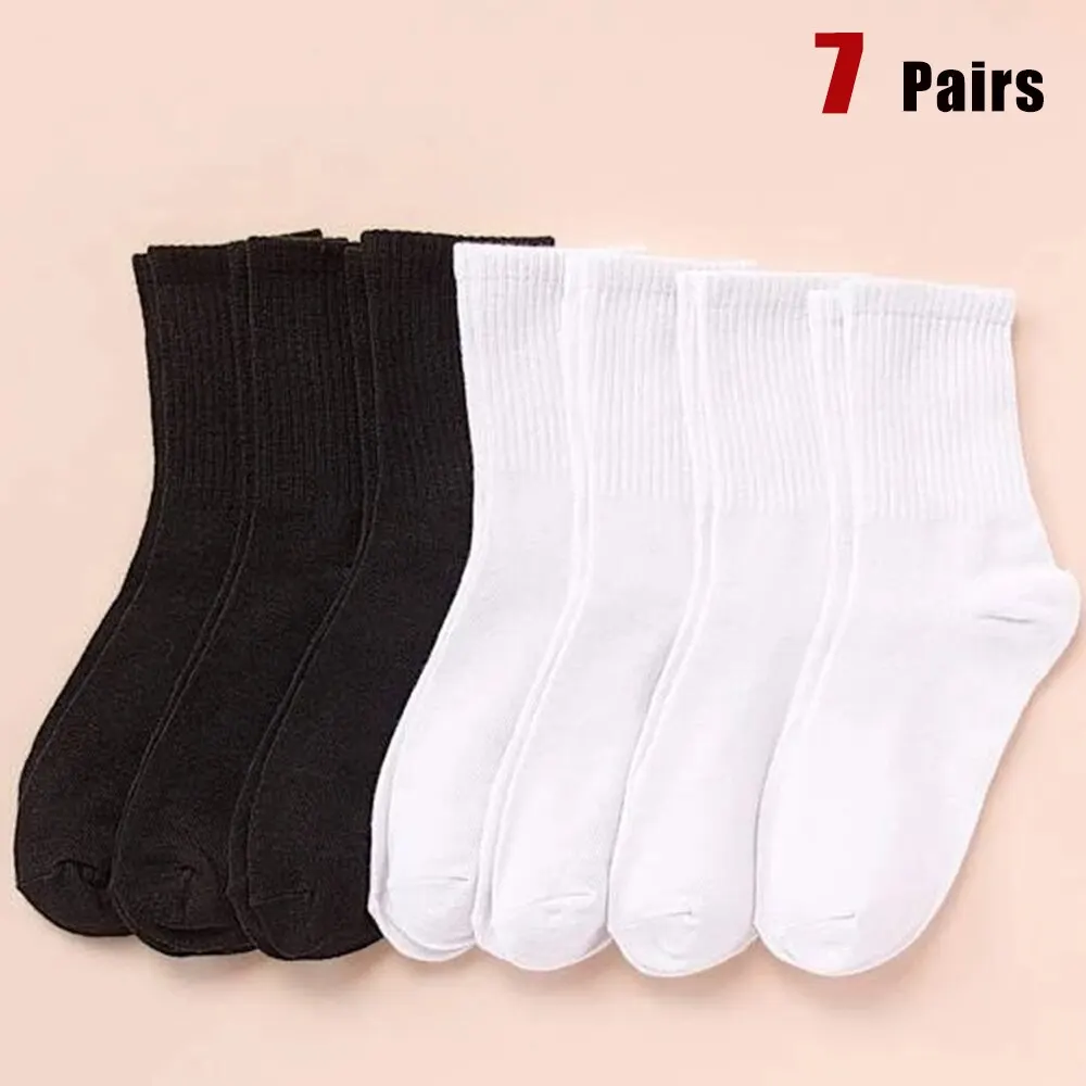 Socks 7/10 Pairs Mid Length Women Classic Black White Solid Color Fashionable Casual Sports Sweat Absorbing Breathable Men