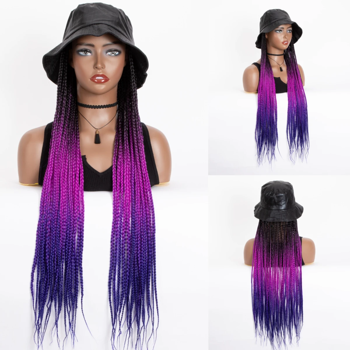 WIGERA Cheap Ombre Purple Long Box Braided Synthetic Baseball Cap Braiding Braids Wig With Hair Extensions Bucket Hat For Wemon