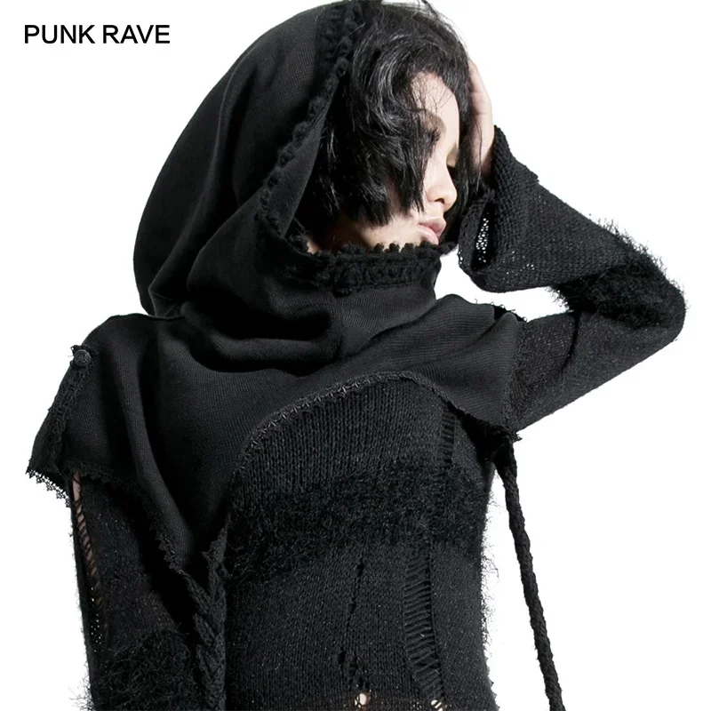 PUNK RAVE Gothic Girl Visual Kei Black Ladies Knitted Wool Ponchos Caps Fashion Scarf Hat Wrap MUFFLE KERA Tops Free Size scarf accessories,knitting scarf,gothic cosplay collar
