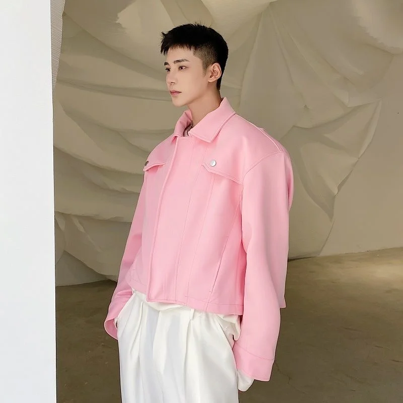 

Menswear Pink Blue Jacket 2023 New Loose Lapel Zipper Long Sleeve Short Coat Autumn Winter Oversized Workwear Clothes