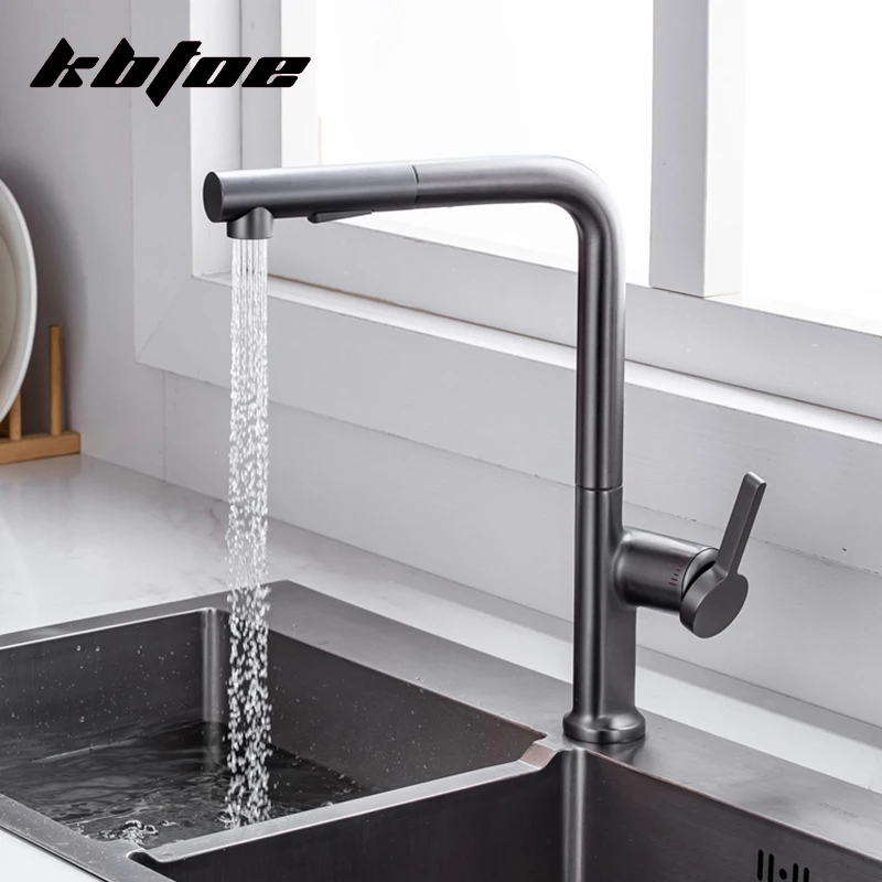 Gun Gray Kitchen Faucet Pull Out 360 Degree Rotation Deck Mounted Sink Mixer Tap Stream Sprayer