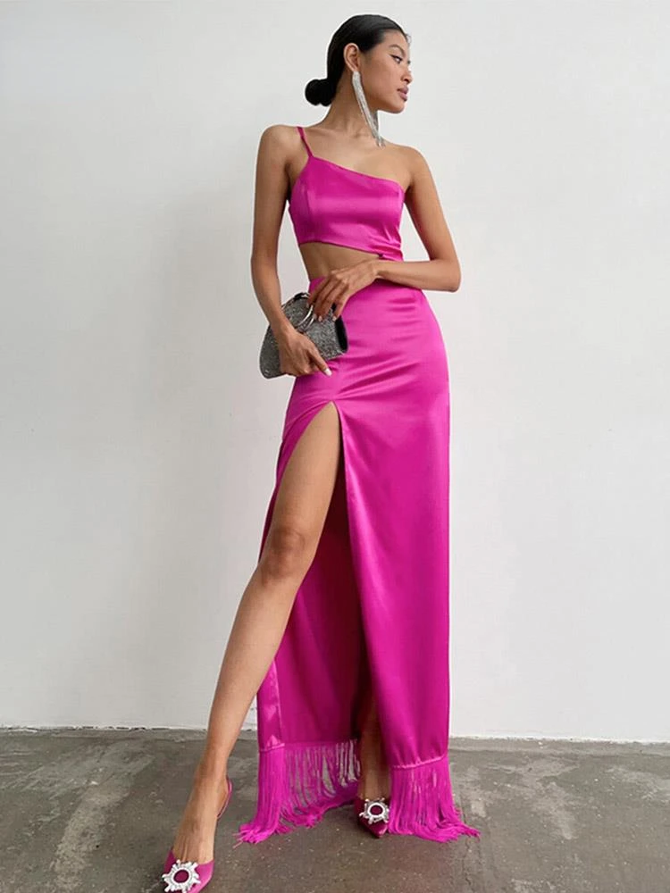 

French Asymmetrical Tassel Floor Length Dress Women's 2023 Summer Solid Slit Hollow Splicing Evening Gown Lady's Party Club Robe