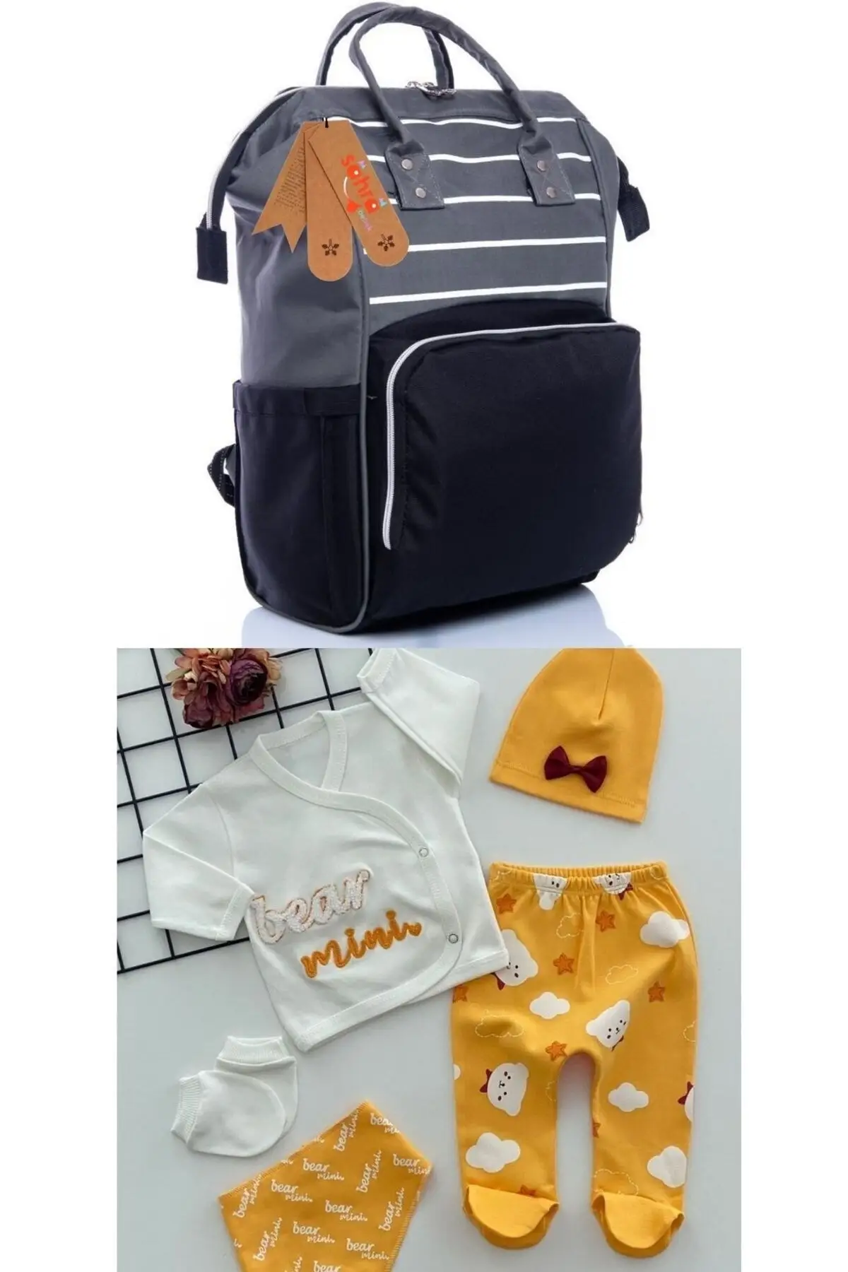 

2 Pieces 100% Cotton Hospital Outlet and Waterproof Stack-Free Functional Baby Care Backpack Set Gray