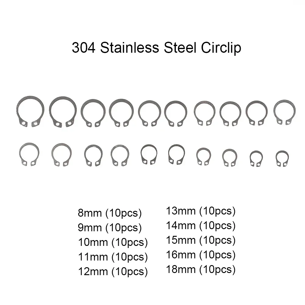 100 PCS 304 Stainless Steel Stainless Steel E Clip Washer Assortment Kit Circlip Retaining Ring For Shaft Fastener M8~M18