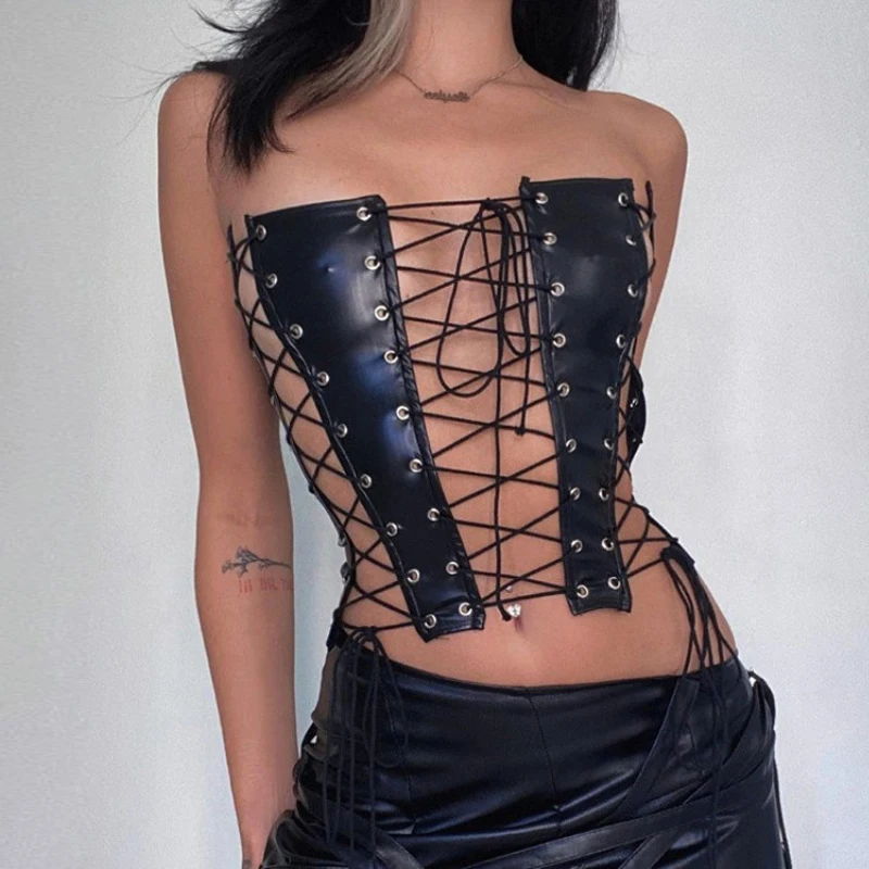 Sexy Gothic Women Lace-up Bandage Corsets Bustiers PU Leather Girdle Slim Waist Belt Underbust Strap Corset Tops Curve Shaper
