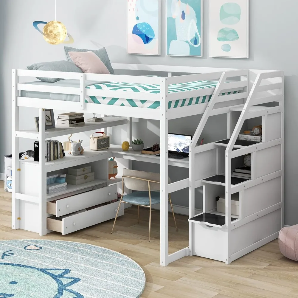 Full-size loft bed frame with stairs and desk, suitable for children, teens and adults - white 3