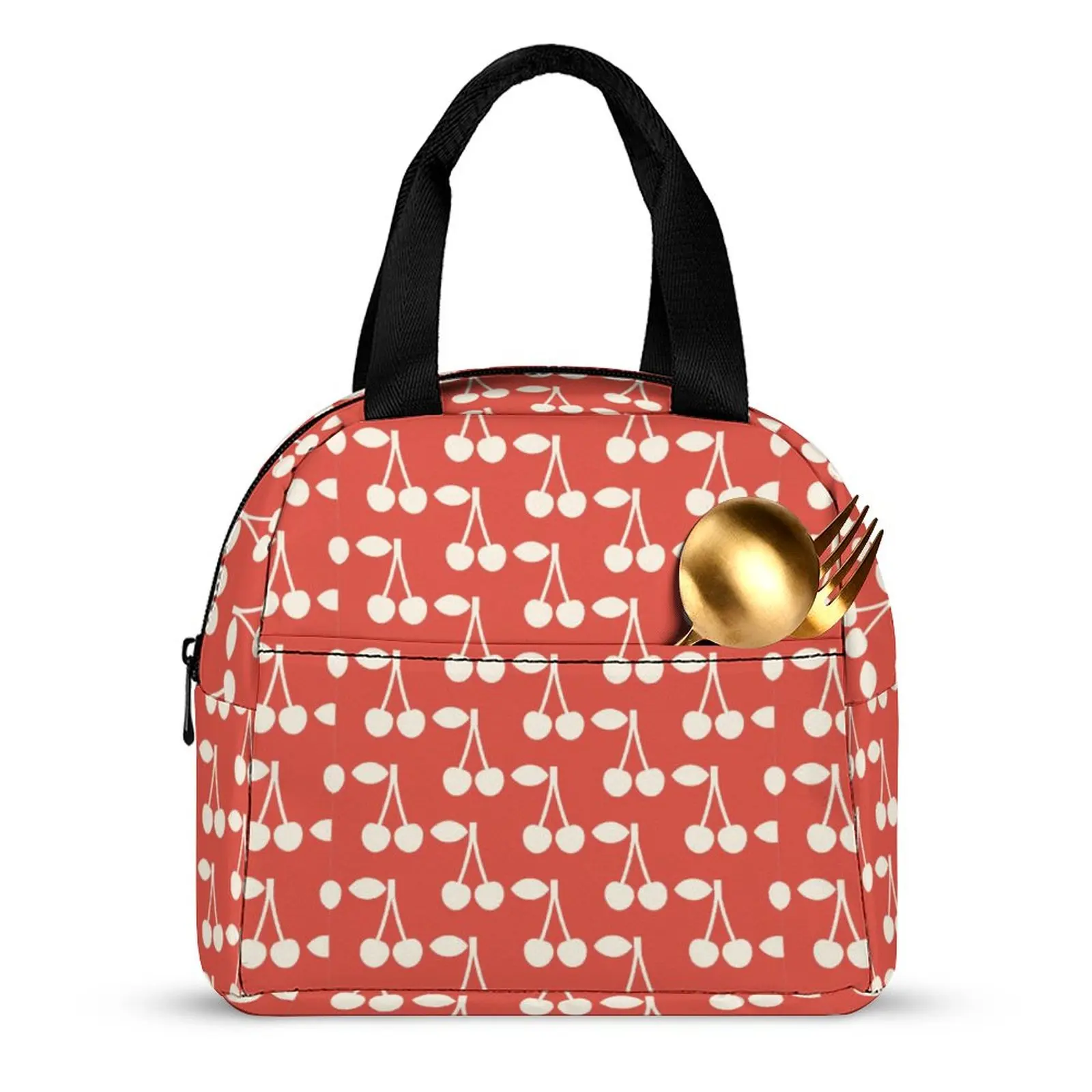Custom Pattern Tote Lunch Bags for Women Red Cherry Print Portable Lunch Bag Picnic Travel Breakfast Box Office Work School