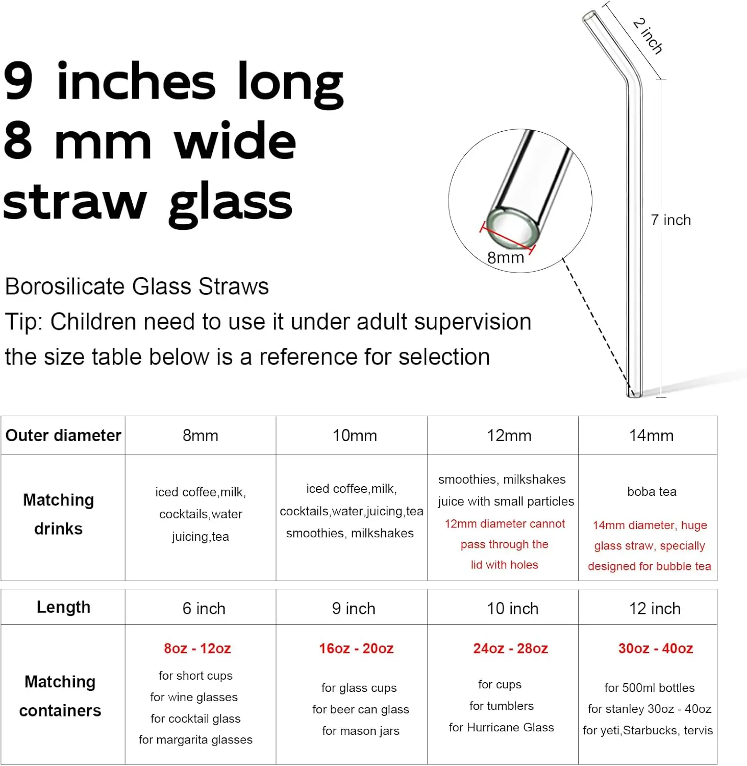 Borosilicate Glass Straws for 16 oz Tumbler, 9 inch 8mm BPA Free, Reusable Drinking Straws Clear Bent Skinny for Iced Coffee and