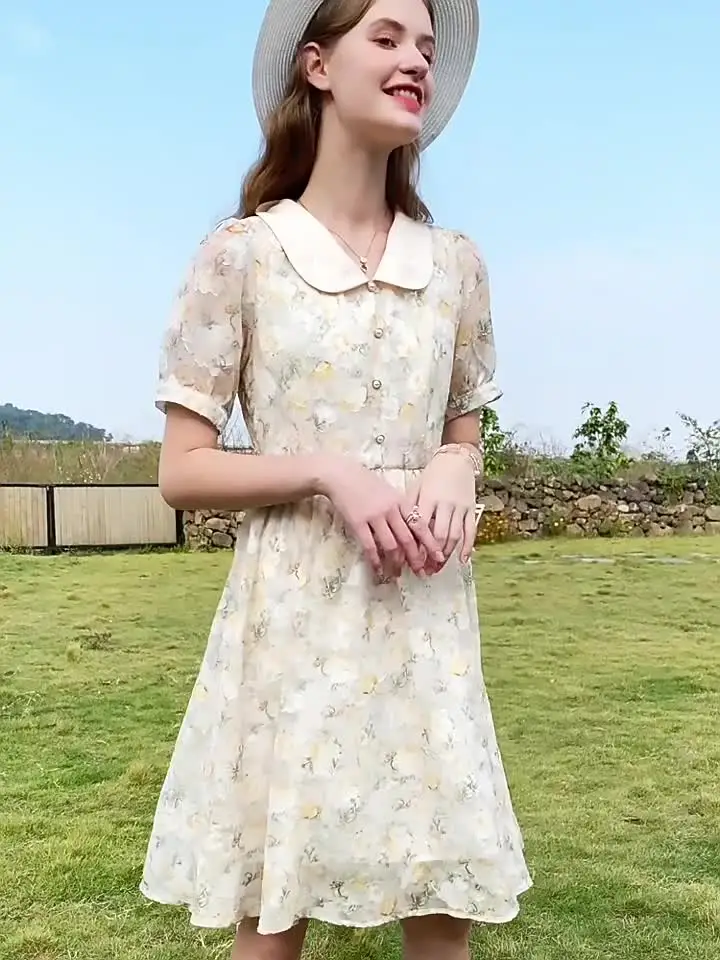 I BELIEVE YOU Chiffon Dress For Women 2024 Summer French Doll Collar Short  Sleeve New Slim High Waist Floral Dresses 2222094258 - AliExpress 200000345