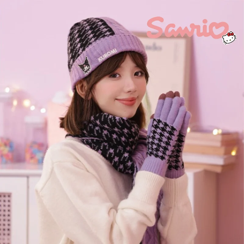 

Sanrio Melody Kuromi мультфильм вязаная шапка перчатки осень-зима теплый шарф Y2k Модная фотография для девочек Подарки на день рождения