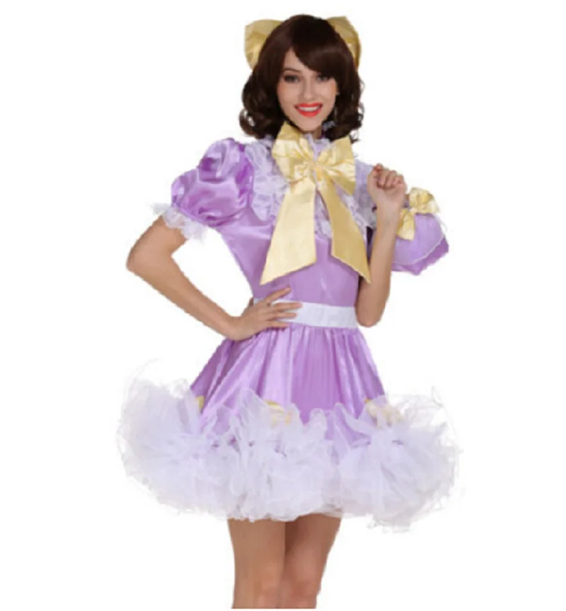 

New Maid Lockable Sissy Dress Purple Butterfly End Waist Cosplay Fluffy Shoulders Puff Sleeves High Neck Cute Costume Customiza