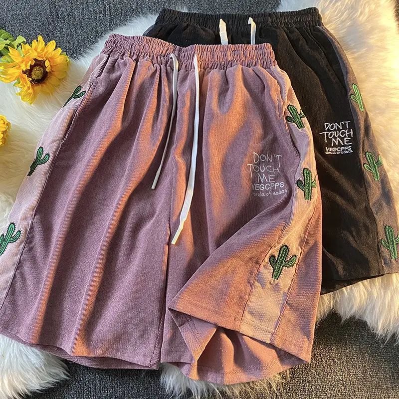 2023 Cactus Embroidered Summer Shorts Japanese Academy Style Antique Couple Capris Bomb Street Men's and Women's Sports Pants