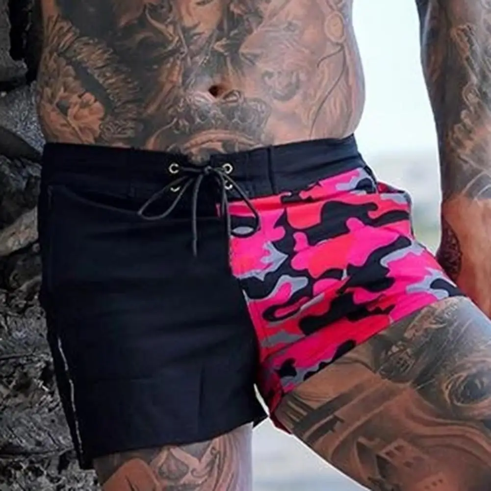 Description Picture 5 of itemMen Summer Beach Shorts Elastic Waist Adjustable Drawstring Running Shorts Camouflage Print Patchwork Color Board Shorts