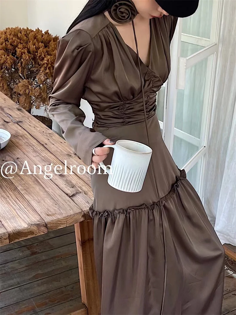 Autumn Satin Midi Dresses for Women Long Sleeve V-neck Folds Design A-line Korean Fashion Office Lady One Piece Vestidos New