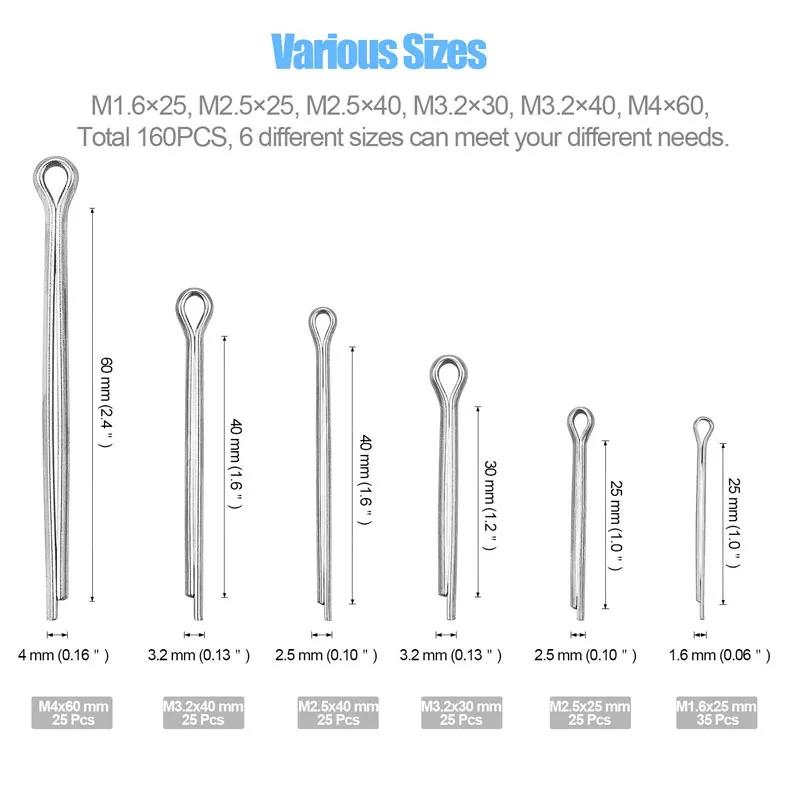 스테인레스 스틸 스플릿 핀 모음 키트, 트랙터 오픈 탄성 클립, 자동차 U자형 코터 핀 GB91, M1.6M2.5M3.2M4, 340 개