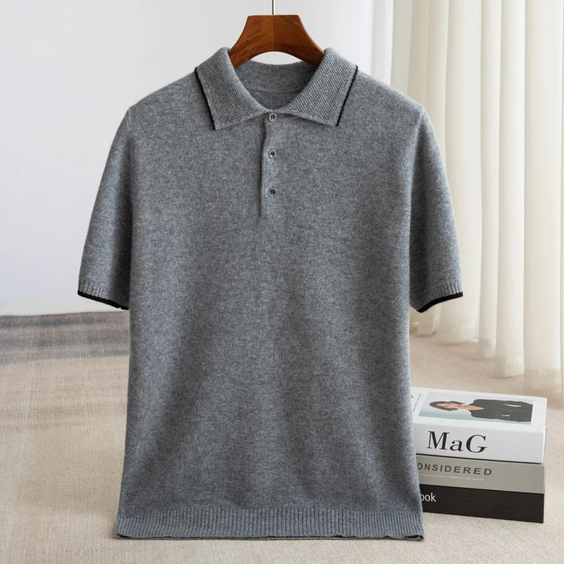 100% Merino wool men's lapel short sleeved sweater T-shirt new knitted casual business men's pullover sweater wool T-shirt summe 4