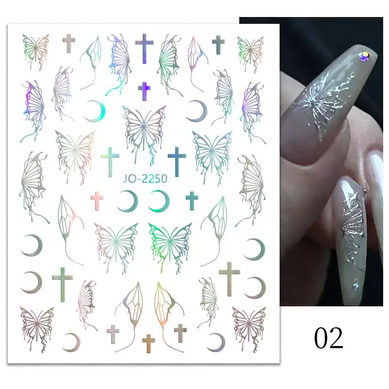 Silver Black White Butterflies 3D Nail Sticker Metal Butterfly Star Crucifixion Adhesive Slider Wraps Manicure Gel Polish Decals Nail Art Decoration