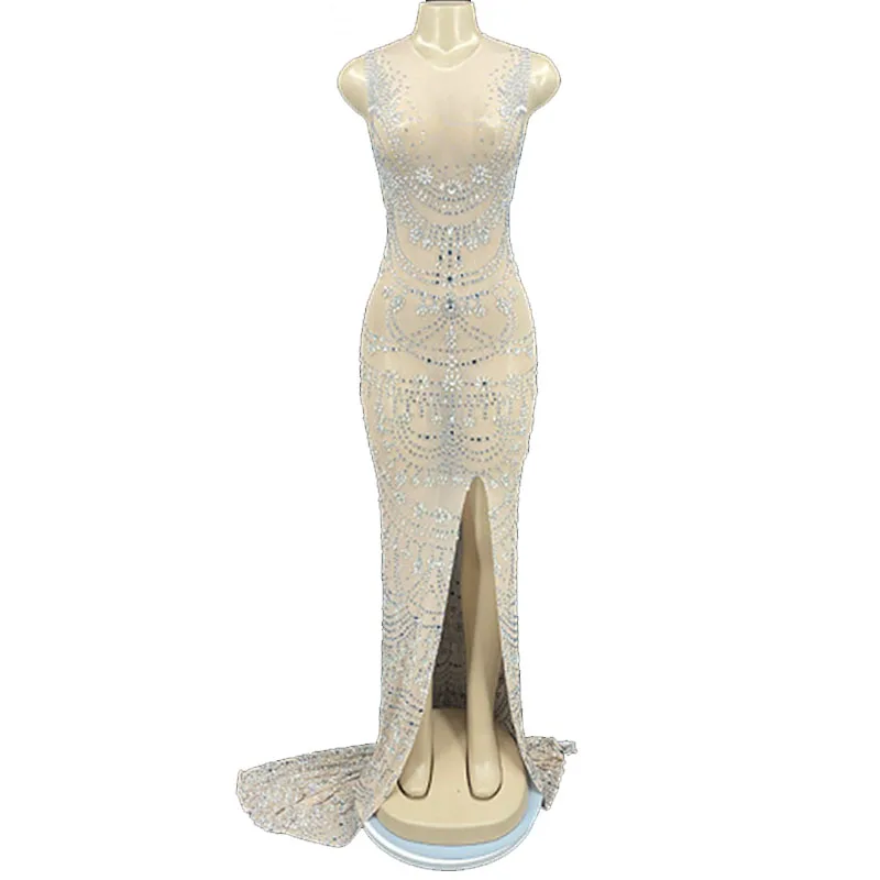 

Rhinestone Sexy Long Tail Sleeveless Dress See Through Mesh Evening Birthday Costume