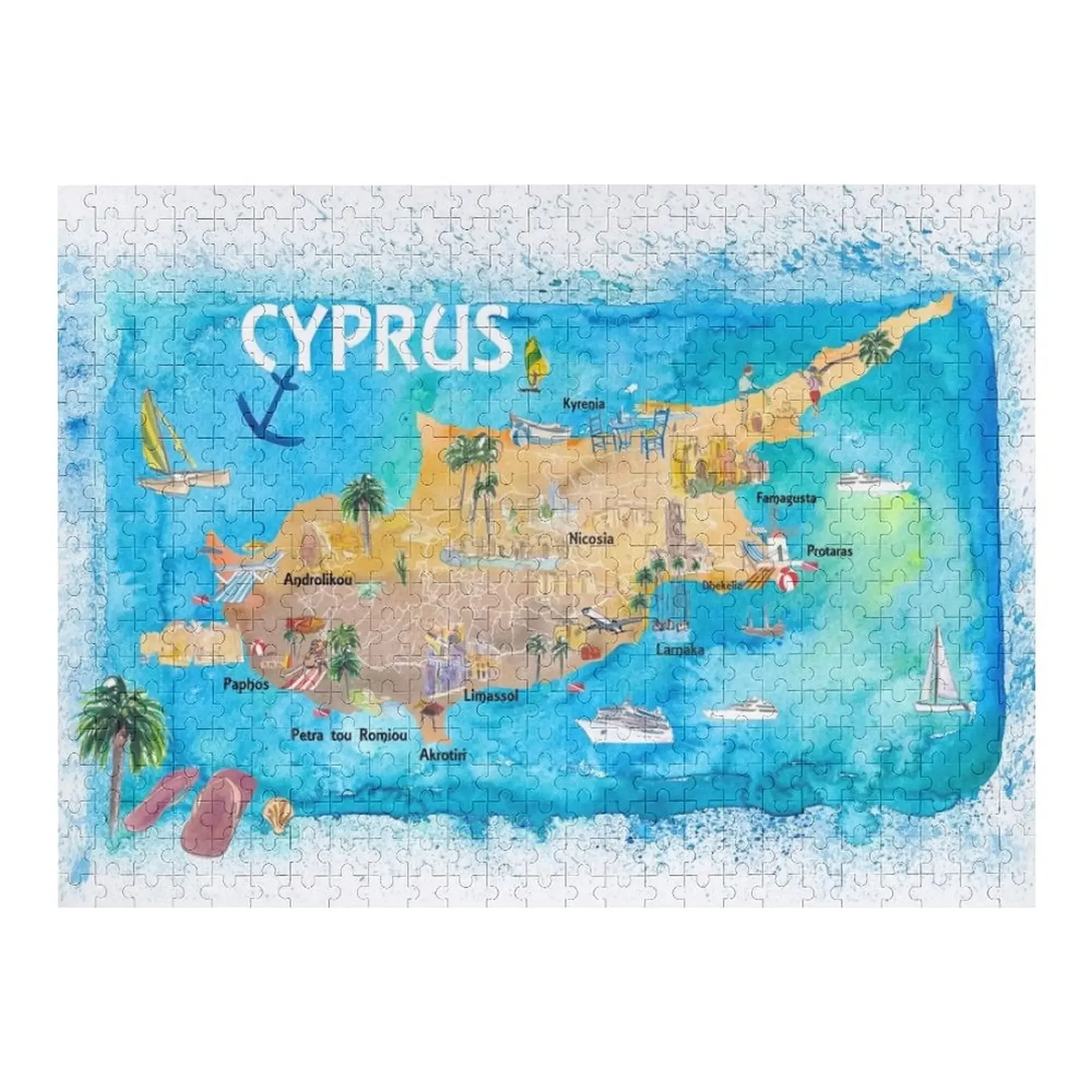 Cyprus Illustrated Map with Main Roads Landmarks and Highlights Jigsaw Puzzle Personalised Toys Wood Name Puzzle illustrated man