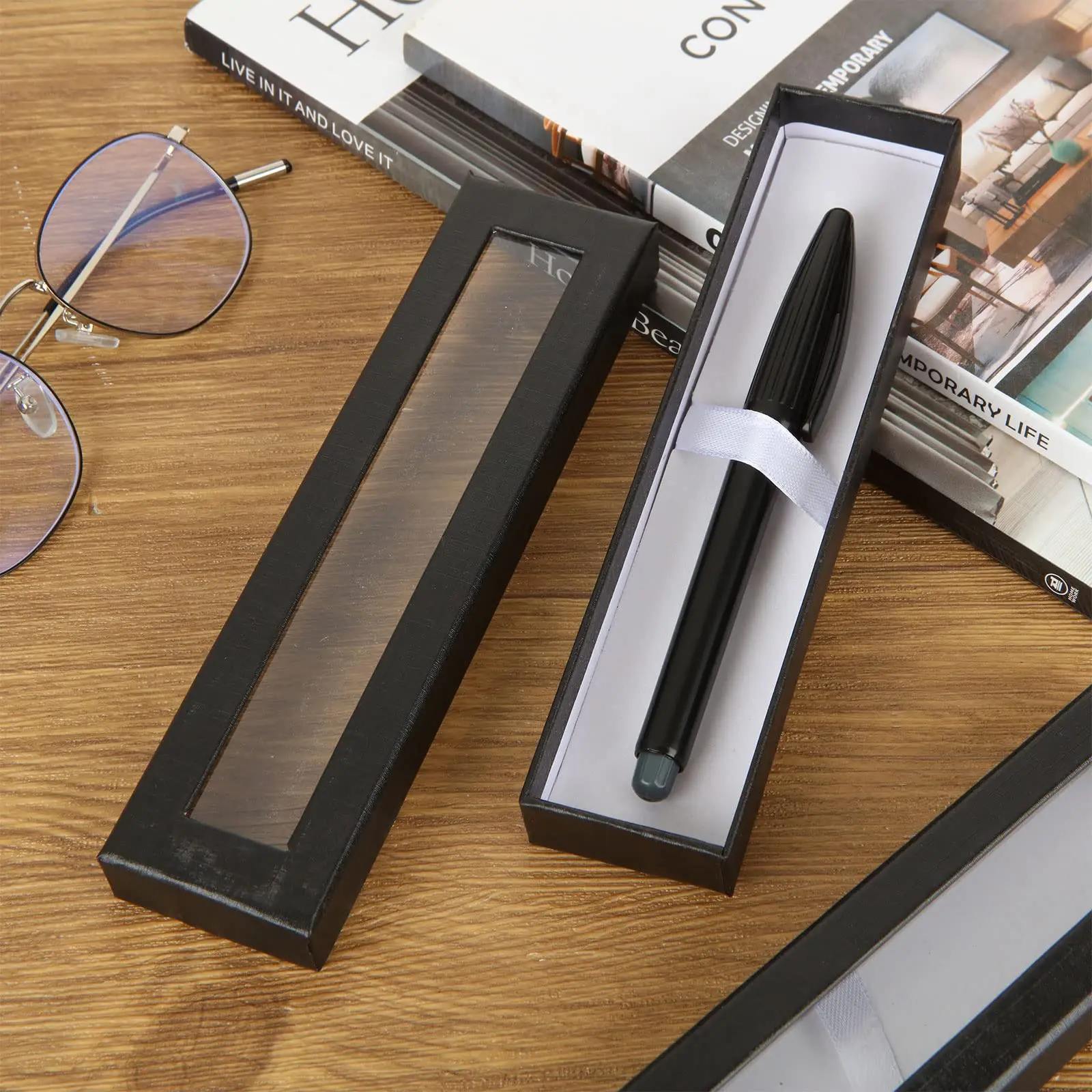 빈 펜 선물 상자, 투명 창, 검은색 판지 케이스, 보석 연필 볼포인트 만년필 디..