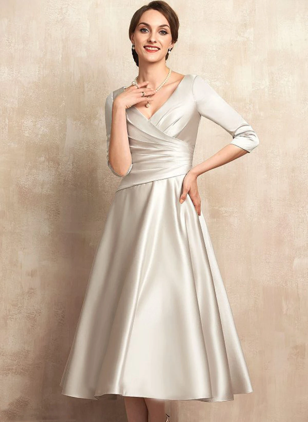 Elegant A Line Satin Mother Of The Bride Dresses V Neck Ruched Pleat Formal Evening 3/4 Sleeve Ankle Length Wedding Guest Gown mother bride dresses