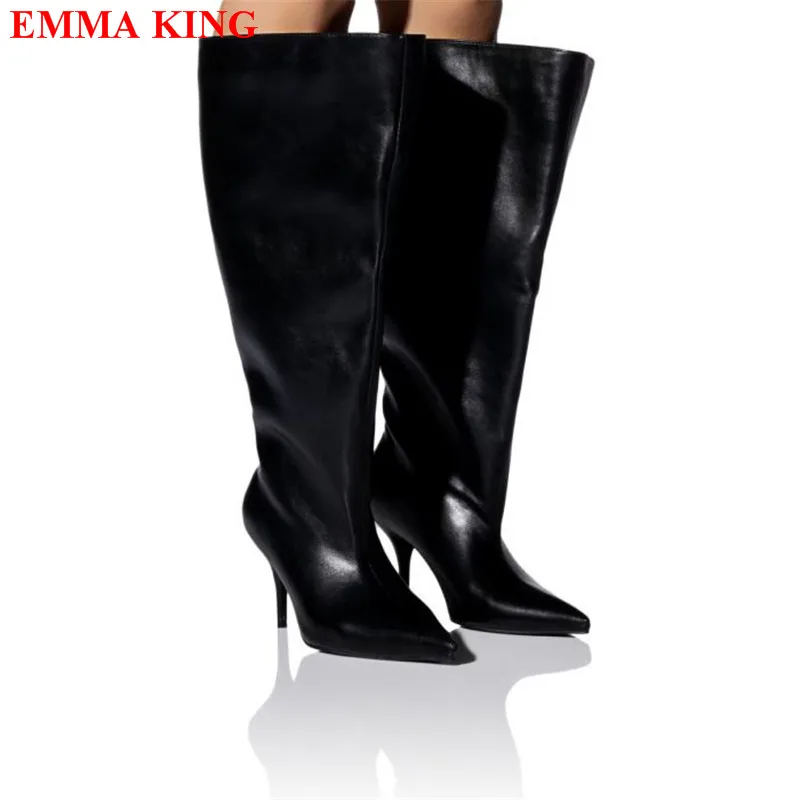 

2023 Designer Knee High Boots Female Pointed Toe Wide Calf Slip On Long Boots Fashion Black White High Heels Party Shoes Woman