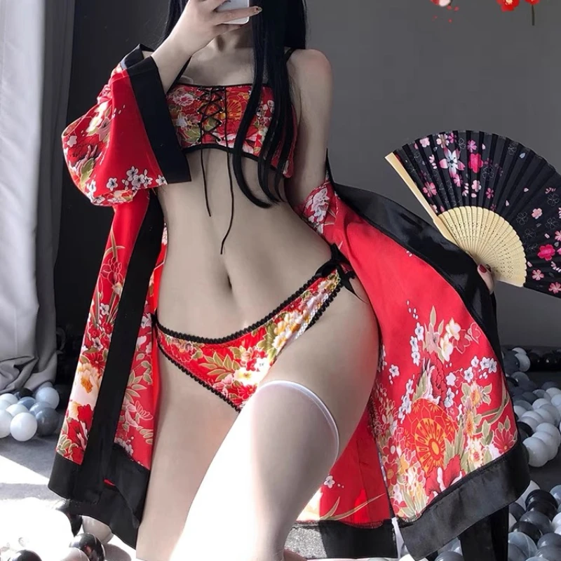 Red Sexy Lingerie Japanese Kimono Cosplay Printed Floral Bathrobe Pajama Kawaii Women Uniform Robe Nightdress Bra Panties Set