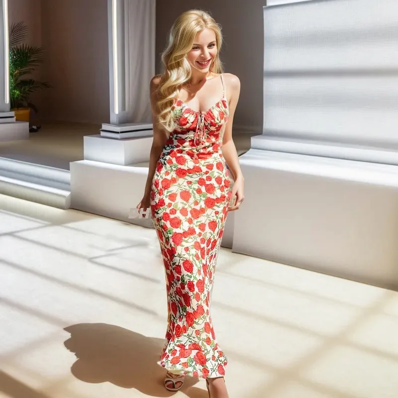 Summer Fashion Spaghetti Strap Dress Women Pellicola Senza Colletto Gyaru Canotta Dress Flower Senza Maniche Lace Up Coquette Abiti Lunghi