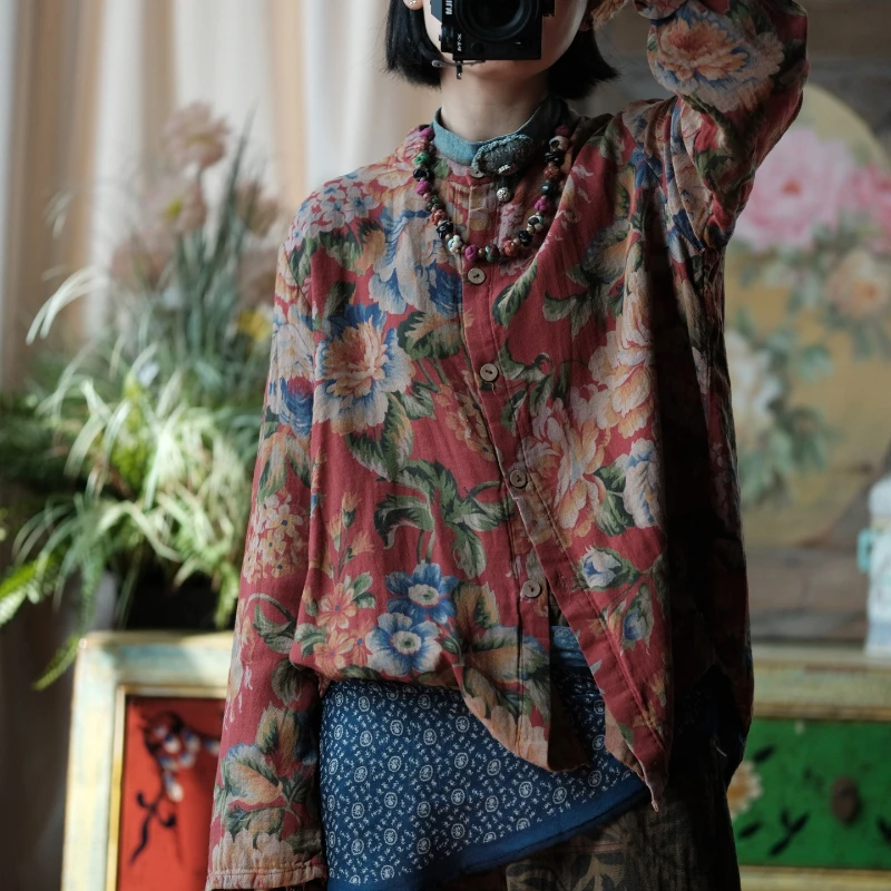Vintage Style Cotton Women Casual Shirts New Arrival 2026 Spring New Long Sleeves Causal Printed Loose Tops and Shirts Feminino