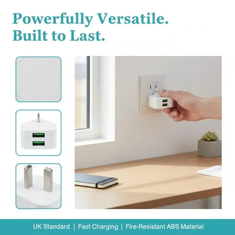 Dual USB Wall Charger with UK 3-Pin Plug - Fast Charging