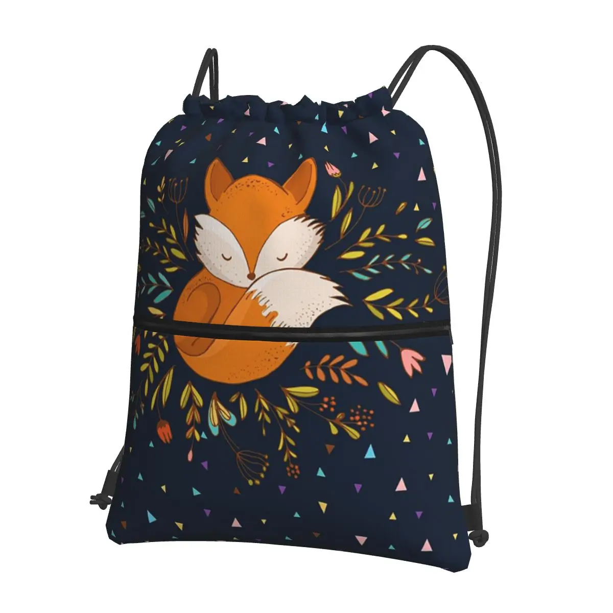 

Cute Fox Flowers And Triangles Portable Backpacks Drawstring Bag Drawstring Bundle Pocket Shoes Bags For School Students